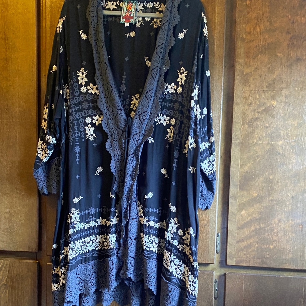 Johnny Was Midnight Black Kimono with Cream Floral Design